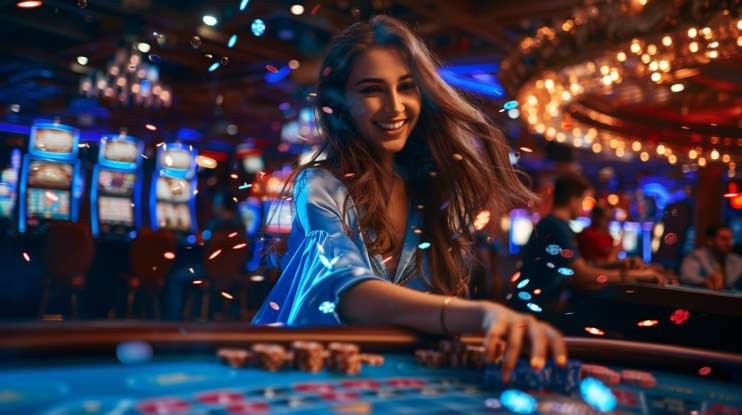 Dealer profesional yakuza77 membagikan kartu Dragon Tiger di studio berkamera multi-sudut